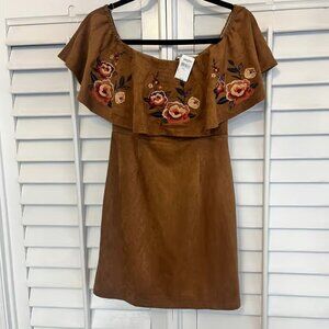 A. Calvin By Flying Tomato’s Brown Suede Embroidered‎ Dress Size Small